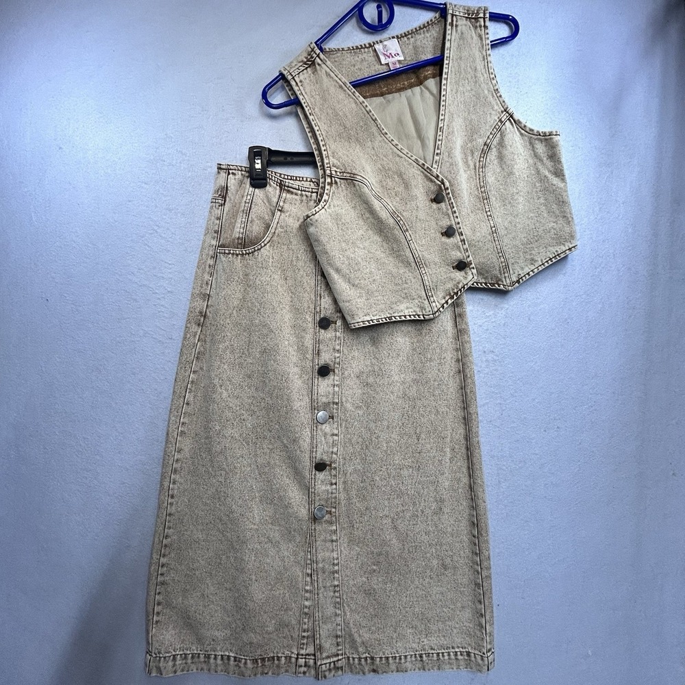 Acid Wash Brown Denim Vest And Skirt 2 Piece Set Size M NWOT SO ME Y2K